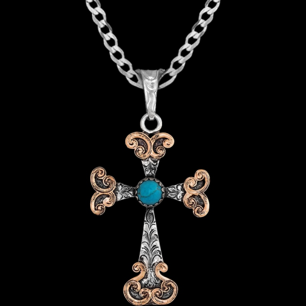 Numbers, Amazing German Silver Base 1.5"x2" with hand-engraved scrollwork and copper details a large turquoise stone.

 

Chain not Included.